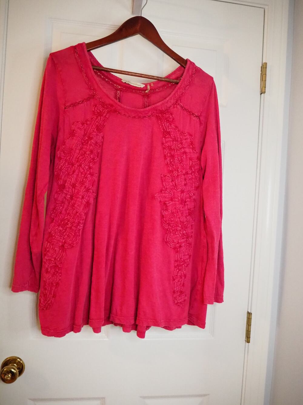 Soft Surroundings Womens L Pink Embroidered Tunic Mineral Wash Boho Long Sleeve